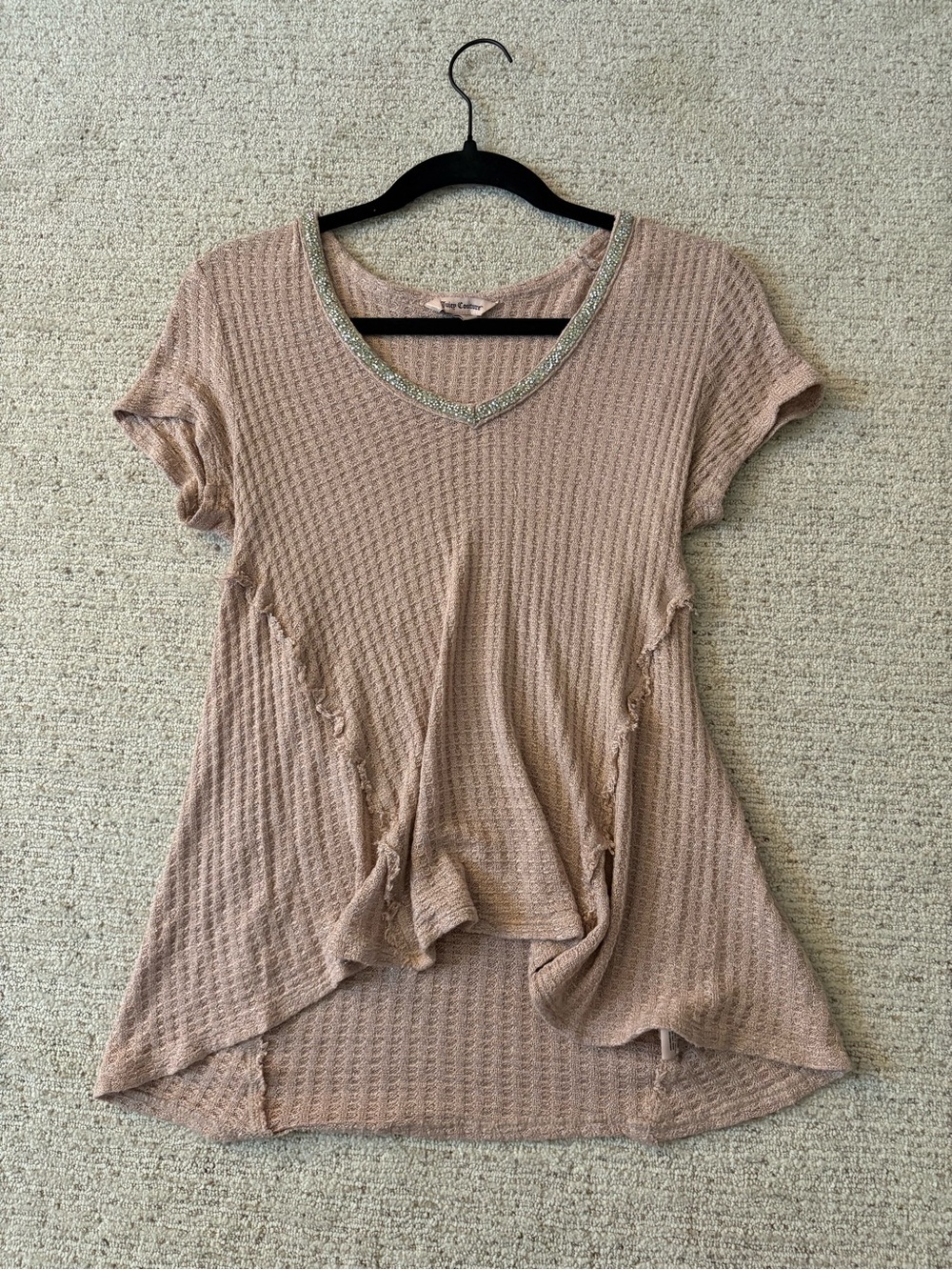 Juicy Couture Taupe Waffle Knit V-Neck Top with Metallic Trim
